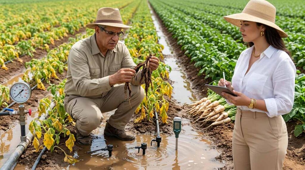 Excès irrigation maladies racinaires : observation de racines brunes dans un sol agricole saturé au Maroc