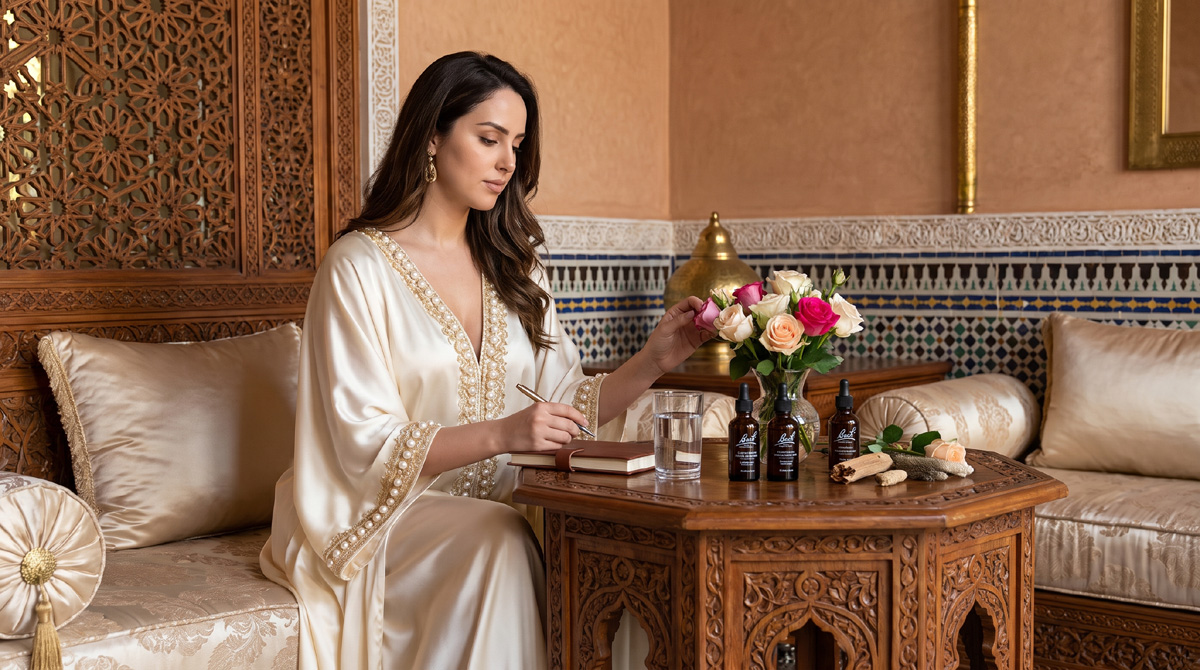 Fleurs de Bach émotions : femme marocaine moderne dans un palais marocain avec élixirs floraux fermés, fleurs, carnet, stylo et verre d’eau