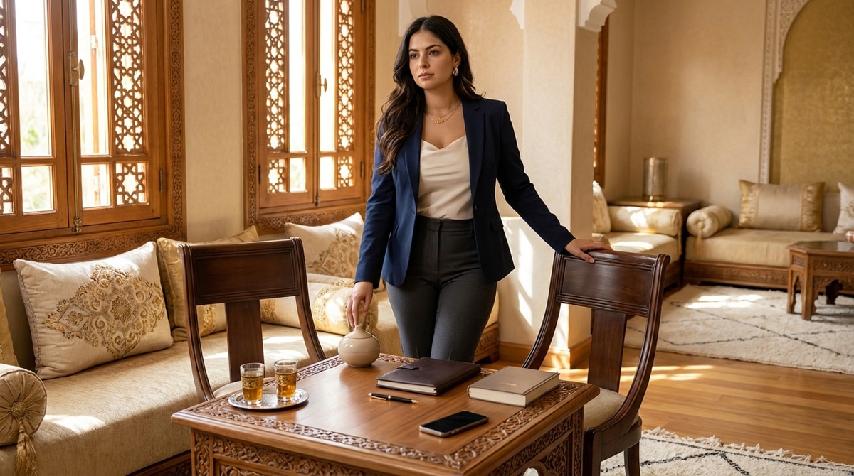 Femme marocaine moderne préparant un espace calme pour gérer un conflit relationnel