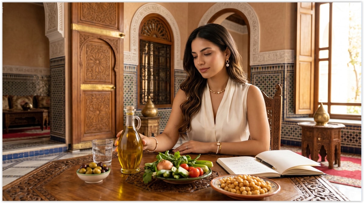Femme marocaine moderne dans un palais marocain versant de l’huile d’olive sur des légumes avec olives, fruits et légumineuses