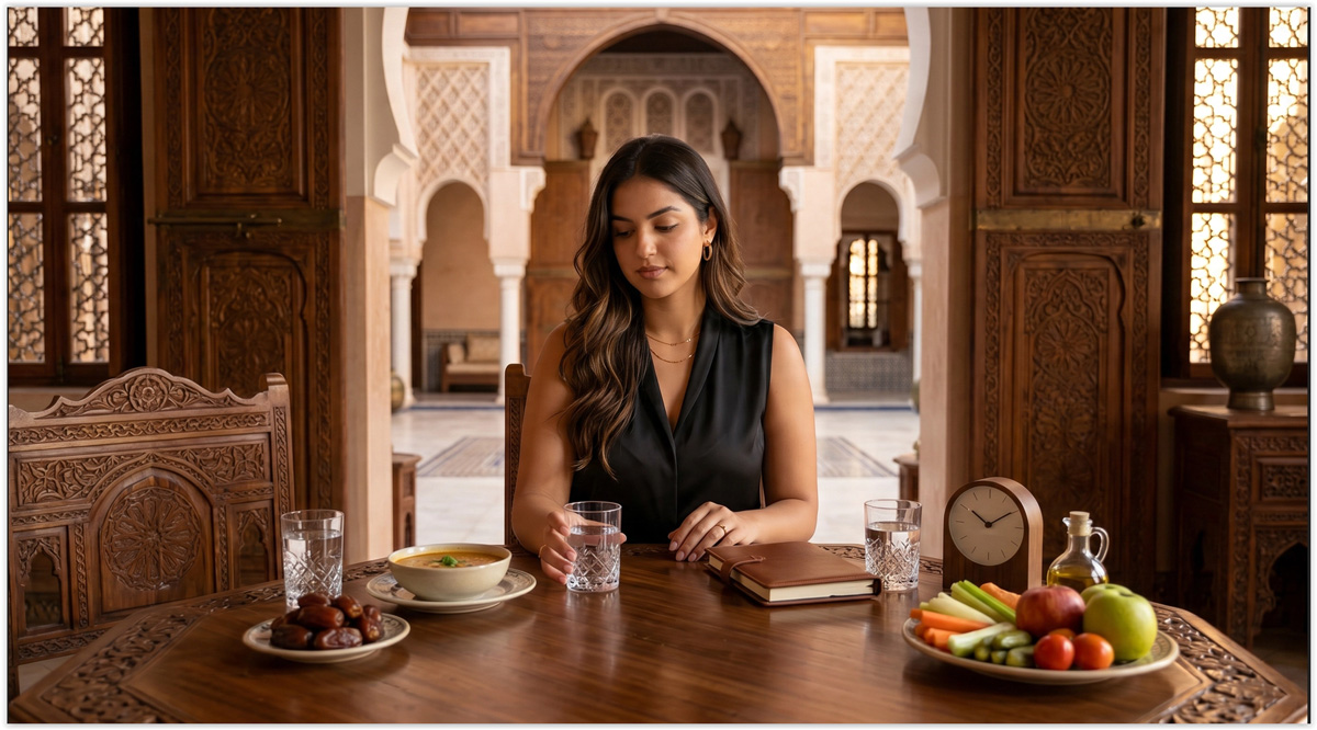 Femme marocaine moderne comparant jeûne intermittent et Ramadan avec eau, dattes, harira légère, légumes, huile d’olive et fruits dans un palais marocain