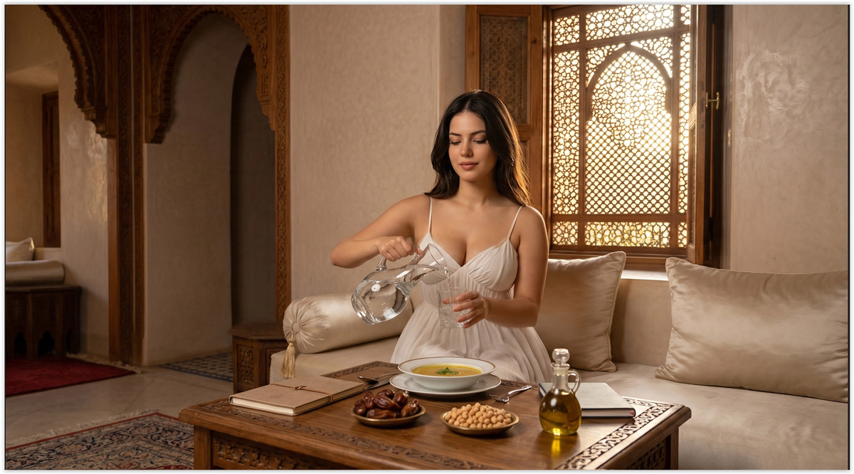 Femme marocaine moderne devant une table équilibrée avec eau, dattes, soupe légère, légumes, huile d’olive, fruits et légumineuses pour illustrer le jeûne et le microbiote