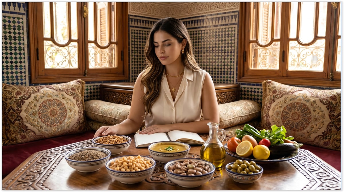 Femme marocaine moderne devant des lentilles, pois chiches, fèves, huile d’olive et légumes pour illustrer les légumineuses santé