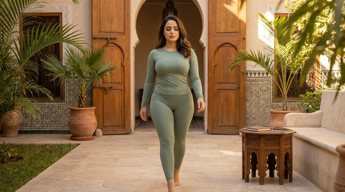 Femme marocaine moderne en tenue sport premium pratiquant la marche consciente dans un jardin élégant