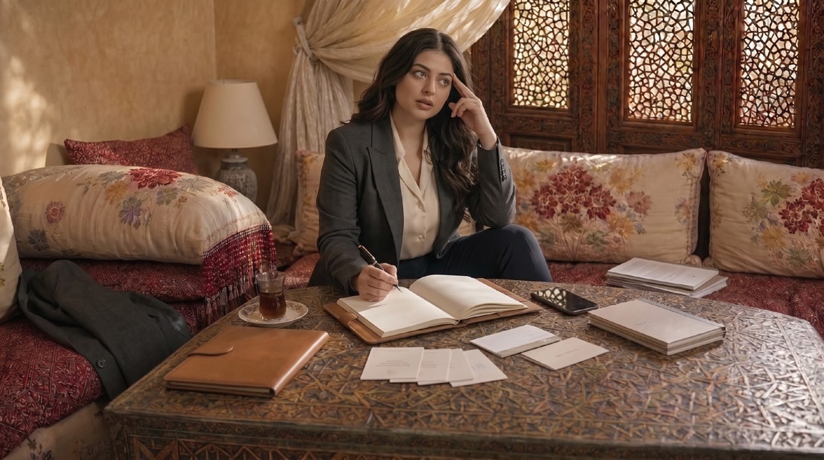 Femme marocaine moderne essayant de se souvenir d’une information sous stress dans un salon marocain haut de gamme