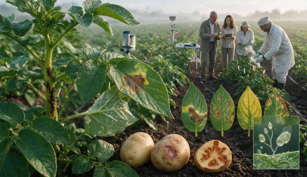 Mildiou de la pomme de terre avec taches huileuses et duvet blanc surveillés au Maroc