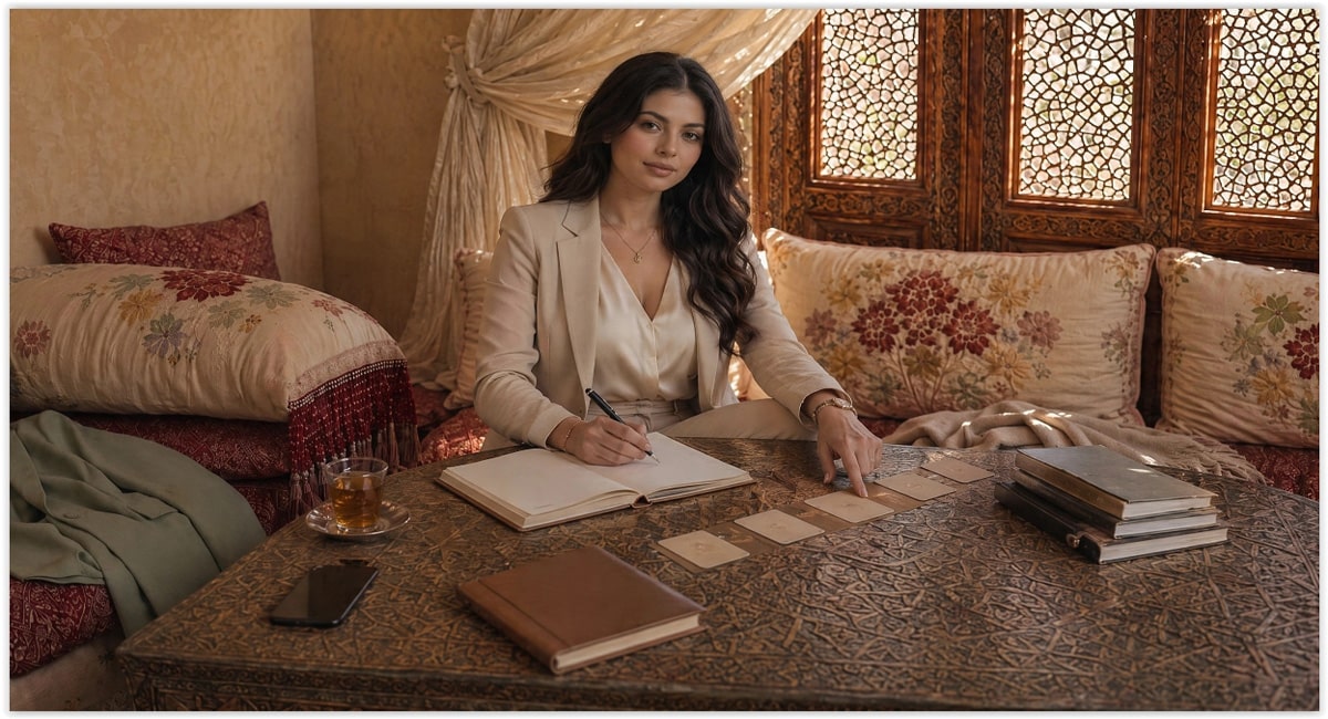 Femme marocaine moderne organisant ses objectifs d’apprentissage dans un salon marocain haut de gamme