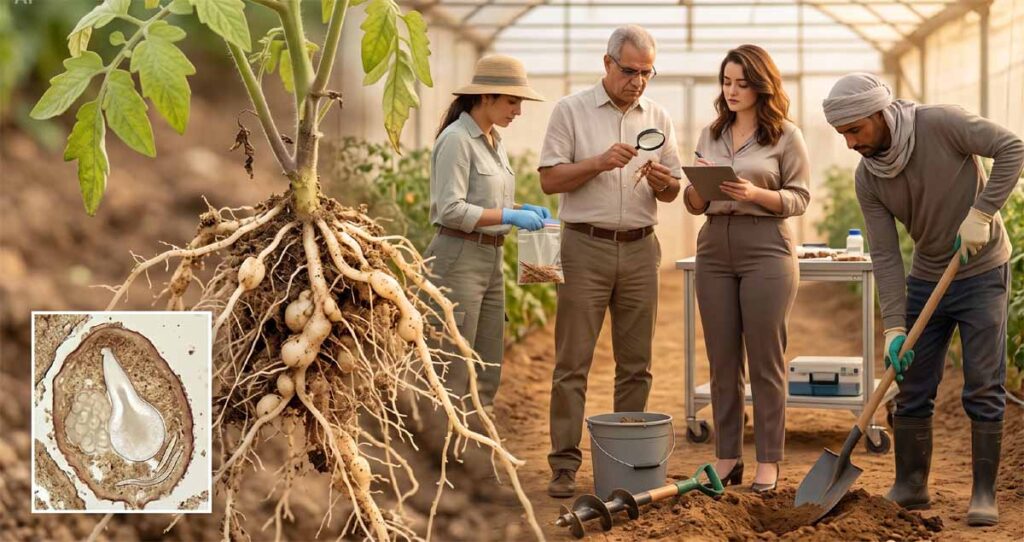 Nématodes de la tomate avec galles racinaires, œufs et prélèvement du sol au Maroc