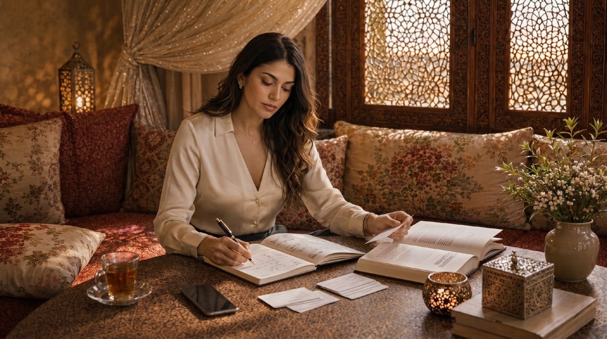 Femme marocaine moderne étudiant avec un carnet pour mieux mémoriser et se concentrer