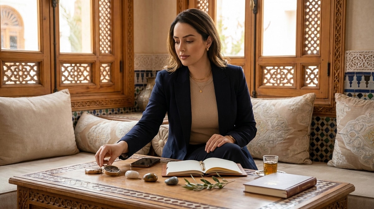 Femme marocaine moderne clarifiant des objectifs vivants dans un salon marocain haut de gamme