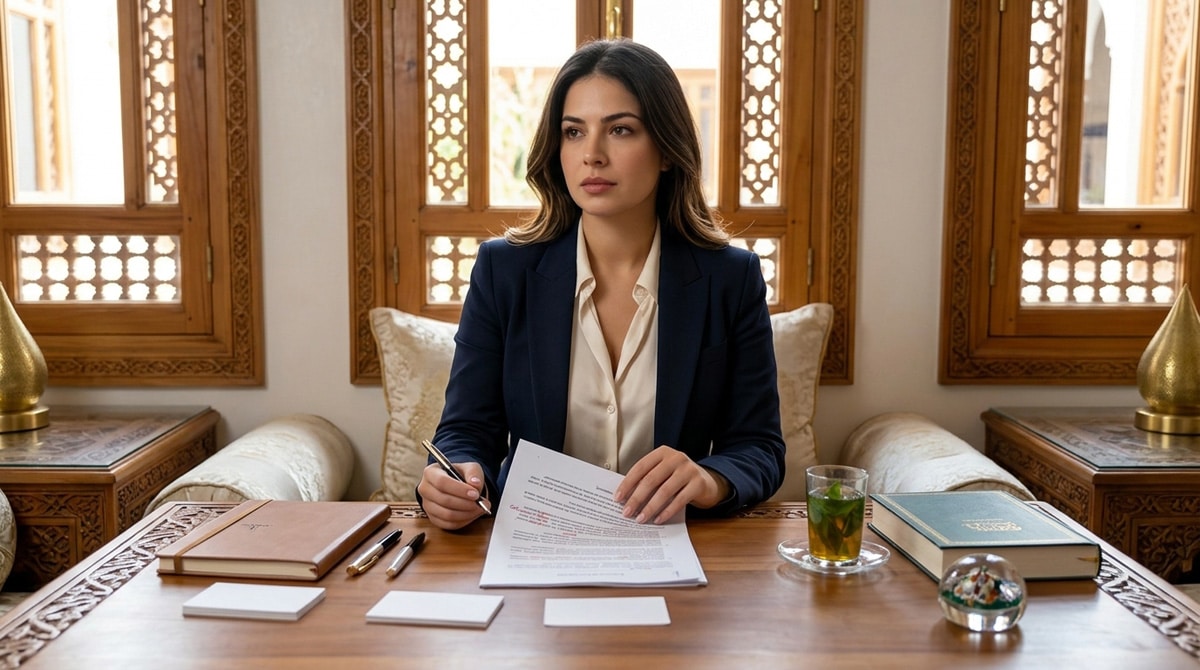 Femme marocaine moderne corrigeant un document avec exigence dans un salon haut de gamme