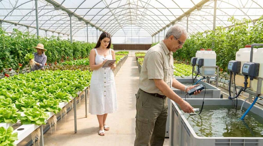 pH EC hydroponie Maroc : mesure d’une solution nutritive avec un pH-mètre et un conductimètre