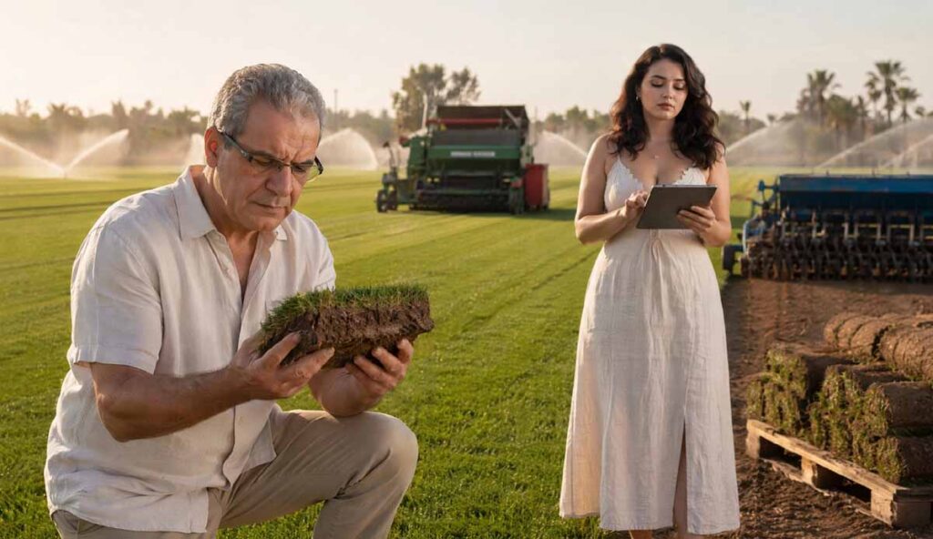 Production de plaques de ray-grass anglais dans une parcelle professionnelle au Maroc