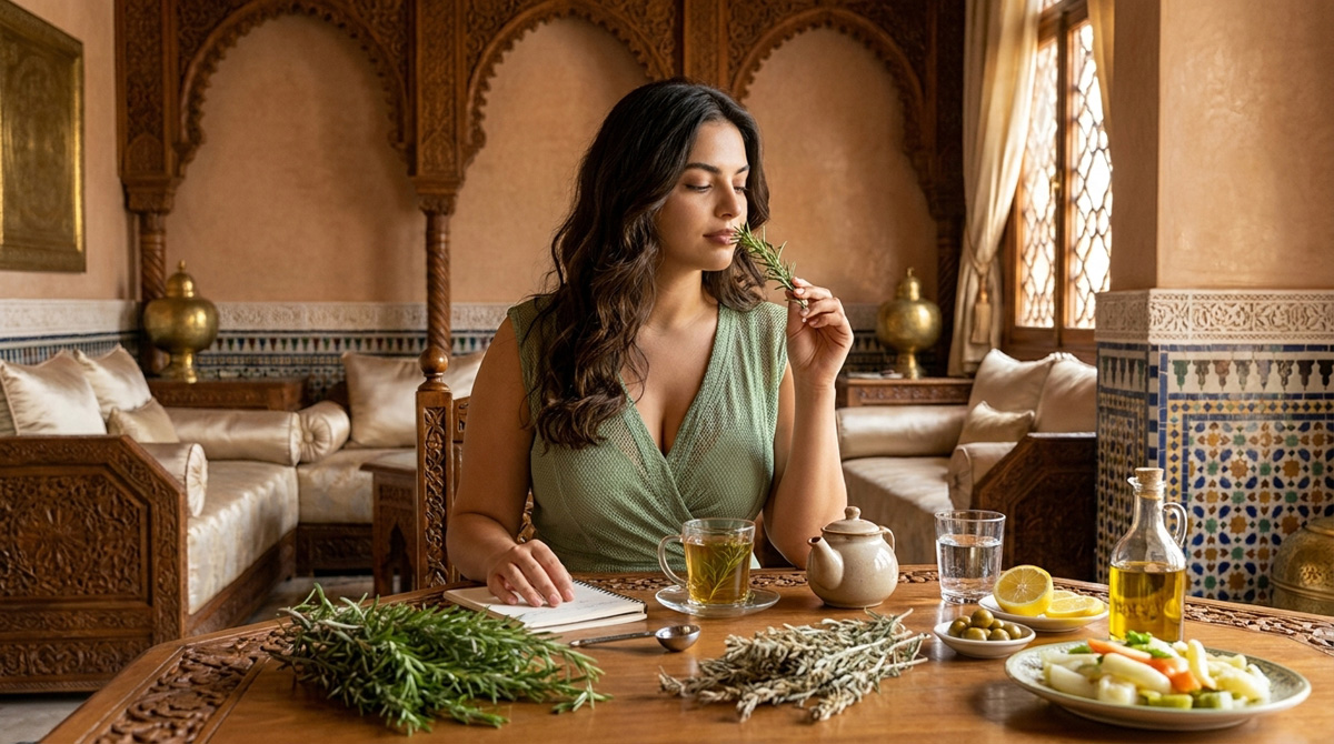 Romarin bienfaits : femme marocaine moderne dans un palais marocain avec romarin, infusion chaude, citron, eau, carnet et cuillère de dosage pour illustrer digestion et précautions