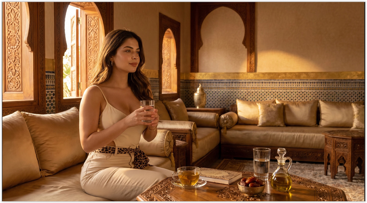 Femme marocaine moderne dans un palais marocain avec eau, infusion, carnet, fruits et lumière du matin pour illustrer une routine ayurvédique adaptée au Maroc