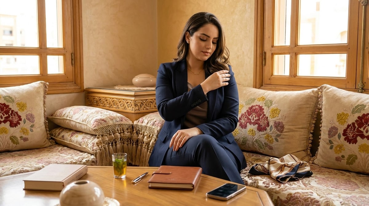 Femme marocaine moderne observant les signaux de tension de son corps dans un salon haut de gamme