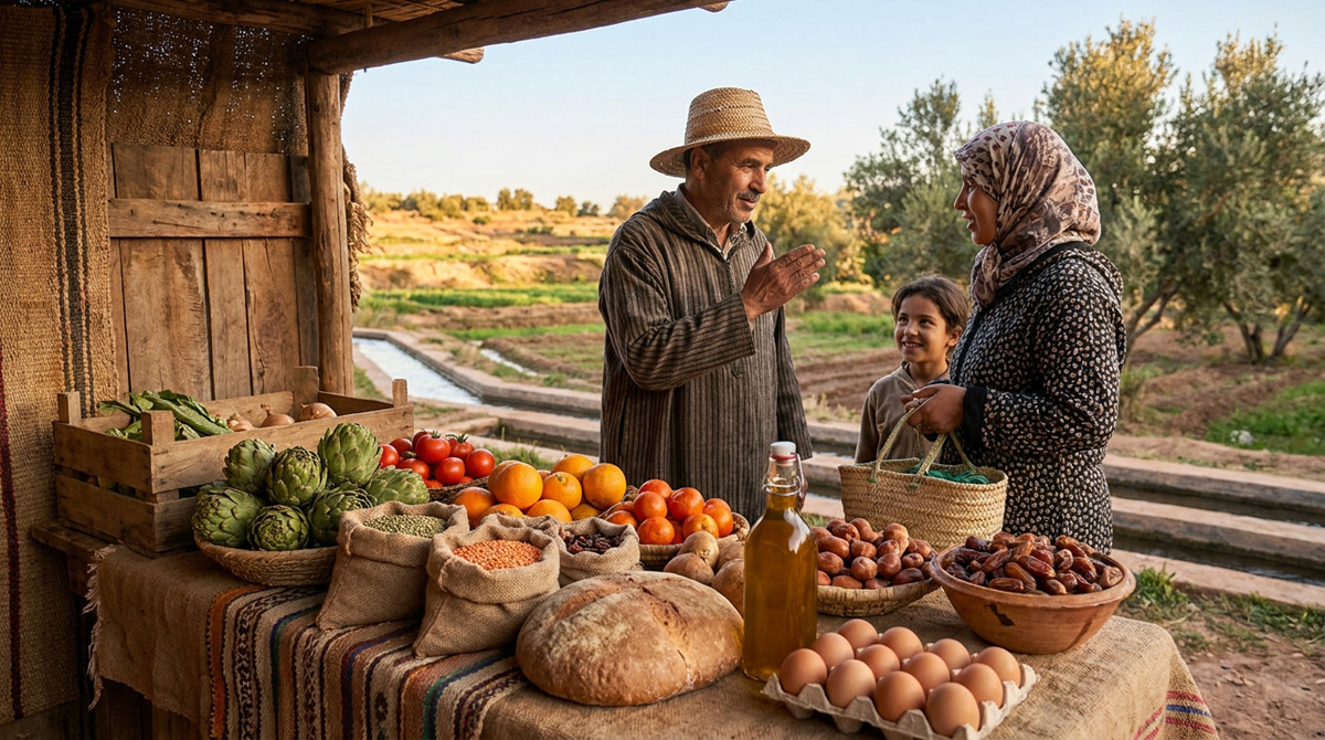 Souveraineté alimentaire au Maroc avec panier quotidien de produits locaux, agriculture, terre vivante et confiance des familles.