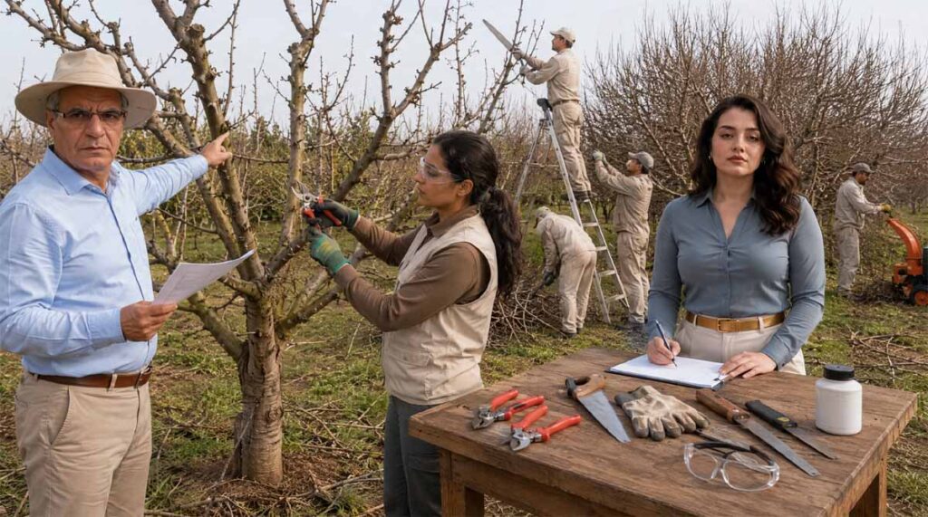 Taille des arbres fruitiers au Maroc avec ouvriers, technicienne, outils de coupe et broyage des branches