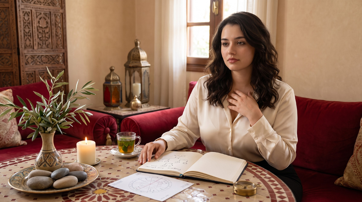 Thérapies subtiles, mémoires familiales et énergie du corps illustrées par une femme marocaine dans un salon marocain apaisant.