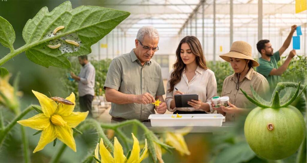 Thrips de la tomate avec adulte, larves, dégâts argentés et auxiliaires sous serre