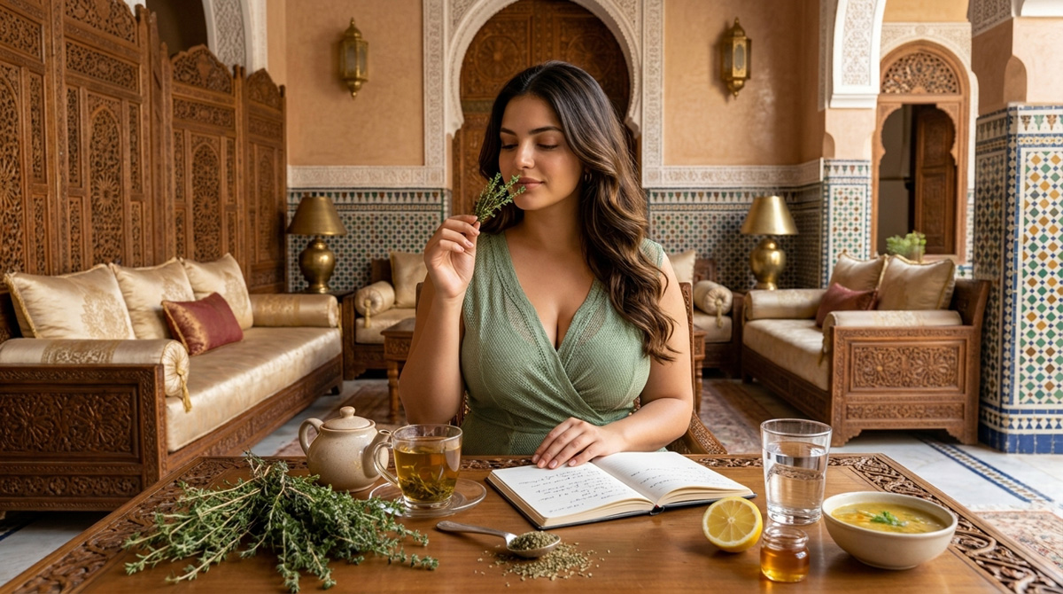 thym zaatar bienfaits illustrés par une femme marocaine dans un salon raffiné tenant du thym frais avec tisane, respiration, digestion et précautions d’usage