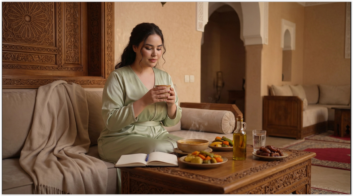 Vata symptômes illustrés par une femme marocaine dans un salon raffiné tenant une tisane chaude pour apaiser anxiété, sécheresse, sommeil léger et digestion irrégulière