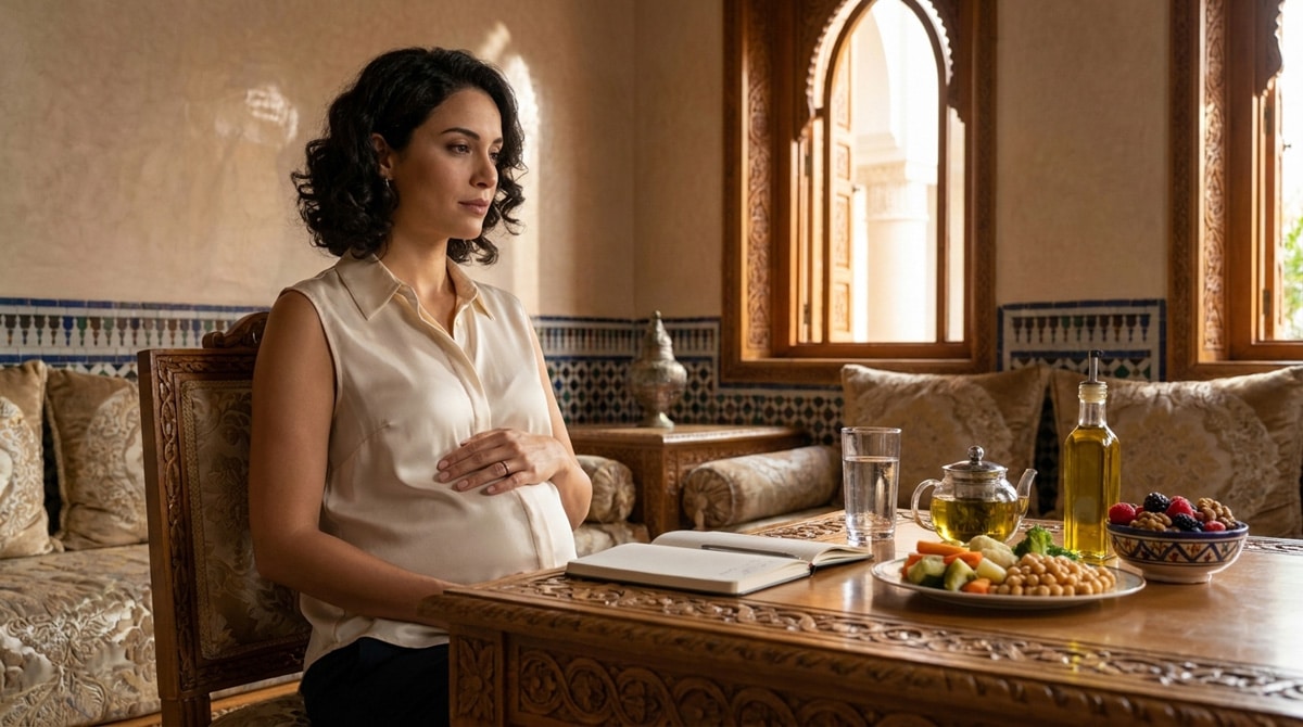 Femme marocaine moderne dans un palais marocain illustrant le ventre gonflé, le stress et la digestion avec eau, fruits, légumes et huile d’olive
