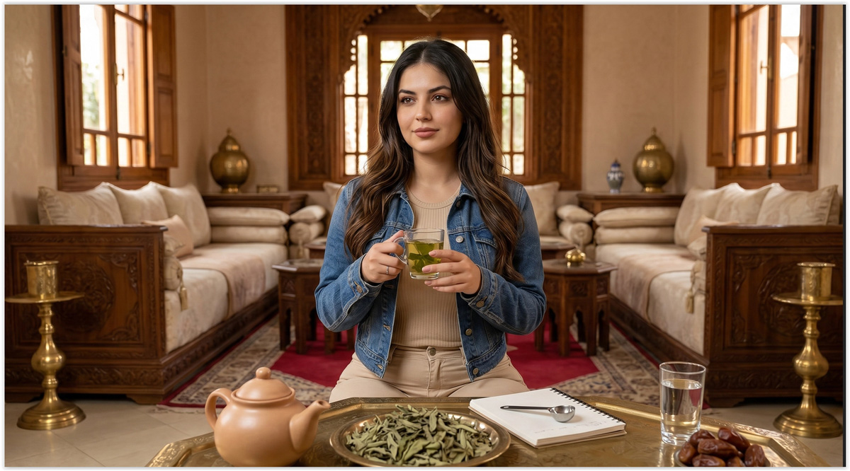 Femme marocaine moderne dans un palais marocain avec infusion de verveine, feuilles de louiza, carnet, eau et cuillère de dosage