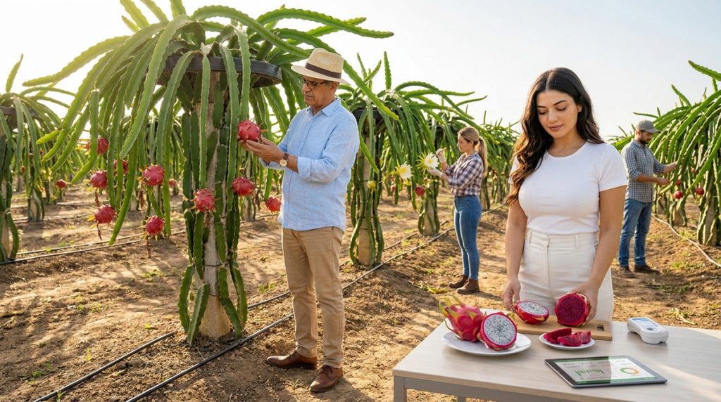 Pitaya cultivée sur palissage avec irrigation, pollinisation et contrôle de la qualité du fruit du dragon