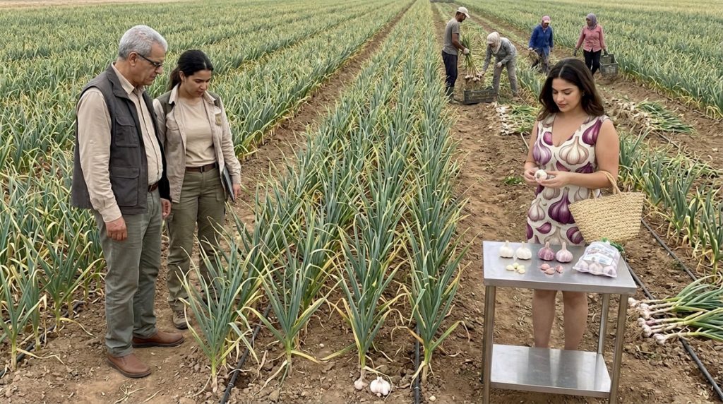 Culture d’ail blanc et violet avec bulbes mûrs, caïeux de plantation, irrigation et contrôle avant récolte