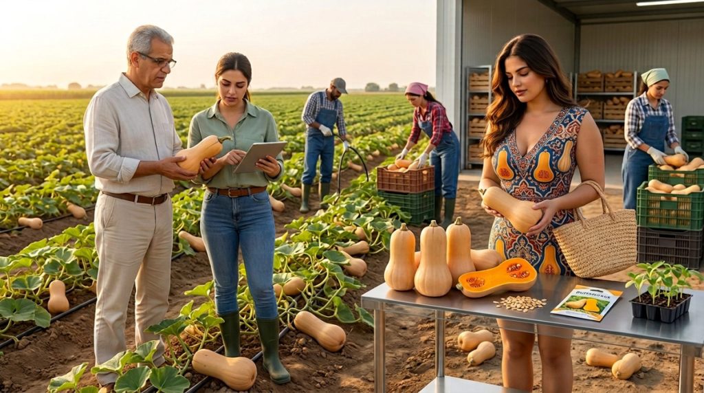 Courge Butternut en plein champ avec irrigation goutte-à-goutte, contrôle de maturité, récolte et stockage