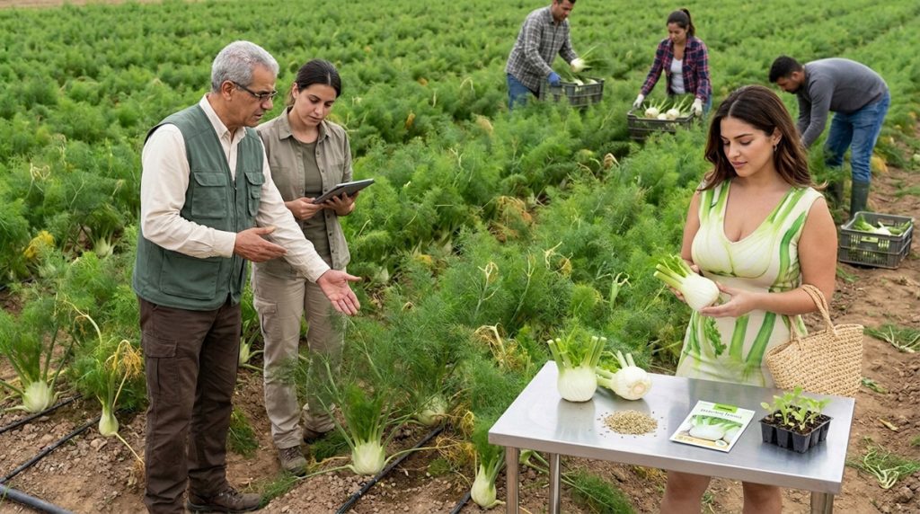 Culture de fenouil à bulbe avec irrigation goutte-à-goutte, contrôle du grossissement, semences et jeunes plants
