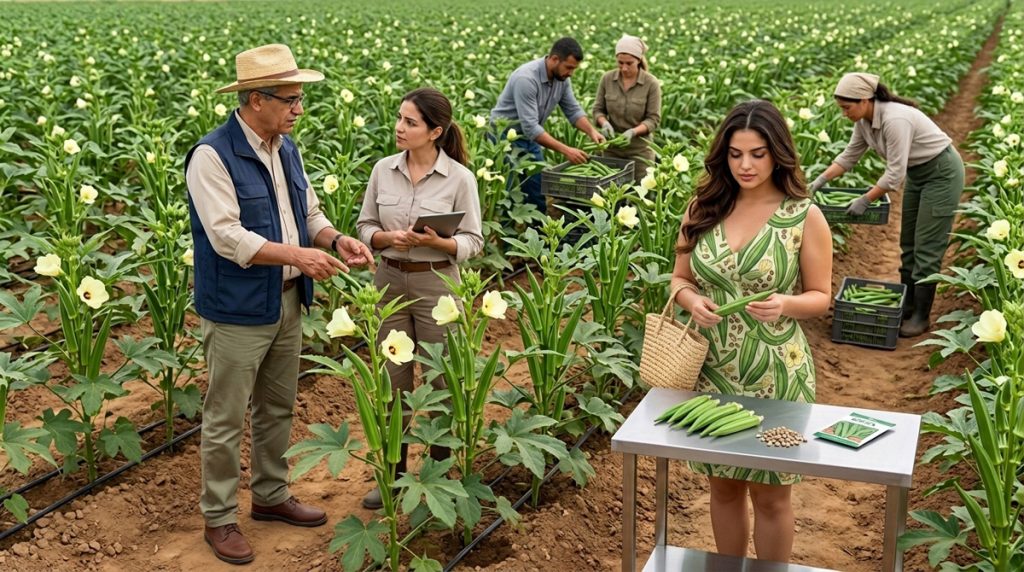 Culture de gombo sous forte chaleur avec irrigation goutte-à-goutte, récolte des jeunes capsules et semences
