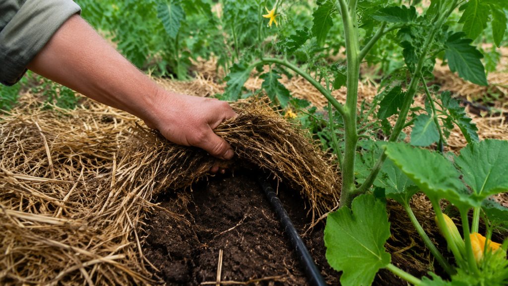 Humidité du sol au potager en juin : Main contrôlant l’humidité du sol sous le paillage près de légumes d’été