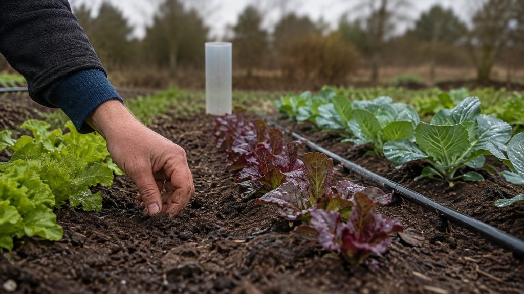 Irrigation du potager en automne : Contrôle de l’humidité près de laitues chicorées et choux après la pluie