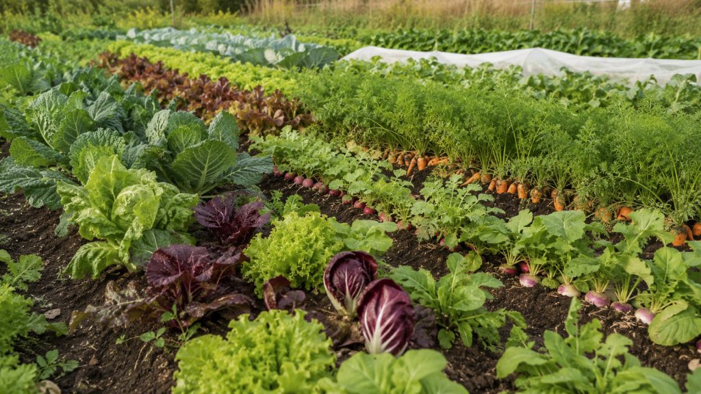 Légumes à cultiver en septembre : Laitues chicorées choux carottes radis et navets dans un potager de septembre