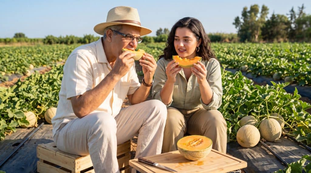 Melon mûr dégusté au champ dans une culture irriguée au goutte-à-goutte