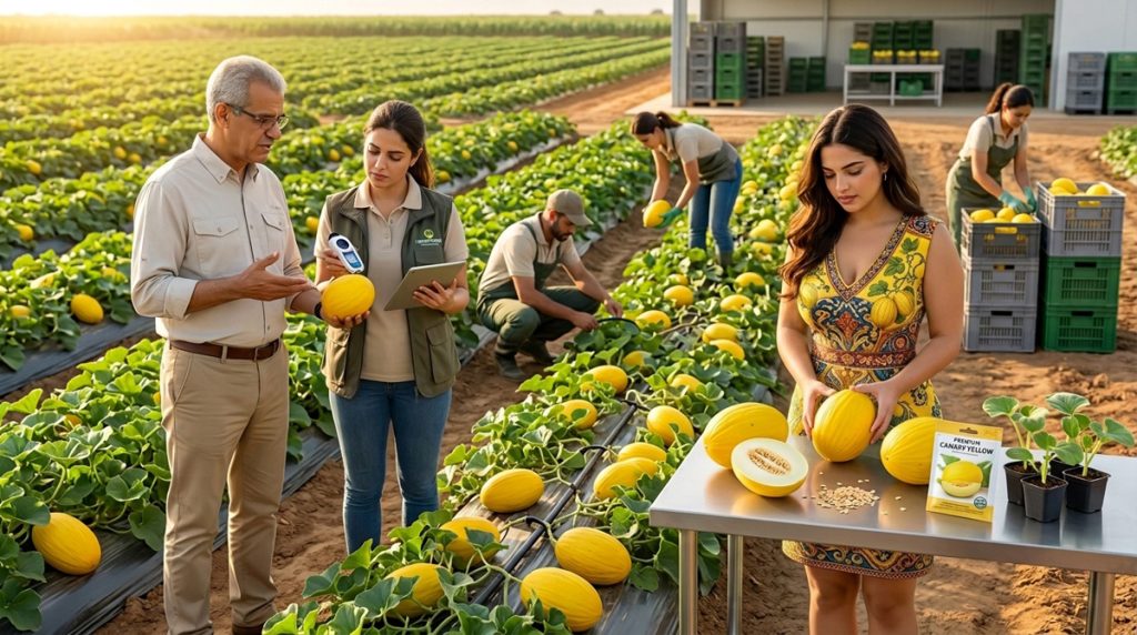 Melon jaune Canari en plein champ avec irrigation goutte-à-goutte, contrôle de maturité, récolte et conservation