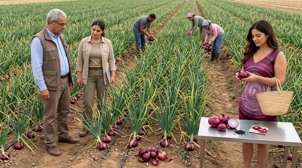 Culture d’oignon rouge avec bulbes mûrs, contrôle de la couleur, récolte, irrigation et semences