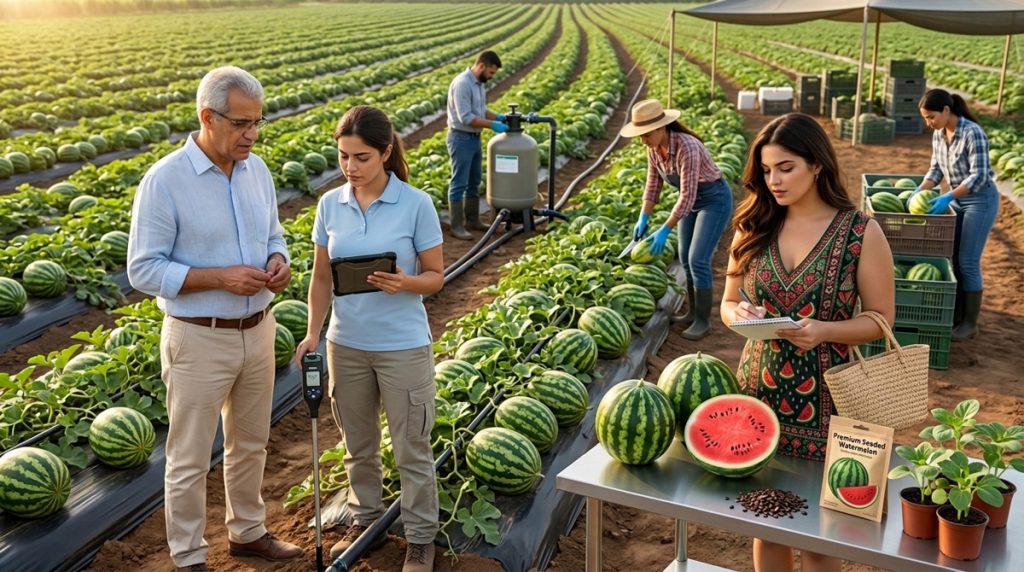 Pastèque avec pépins en plein champ avec irrigation goutte-à-goutte, sonde d’humidité, récolte et contrôle de maturité