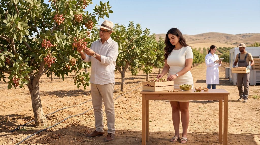 Pistachier en verger avec contrôle de la récolte et pistaches premium prêtes à être valorisées