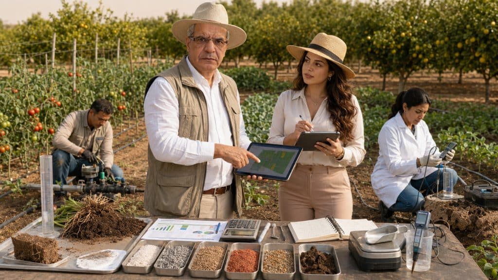 Plan de fertilisation : agronome calculant les besoins et les doses d’engrais d’une culture