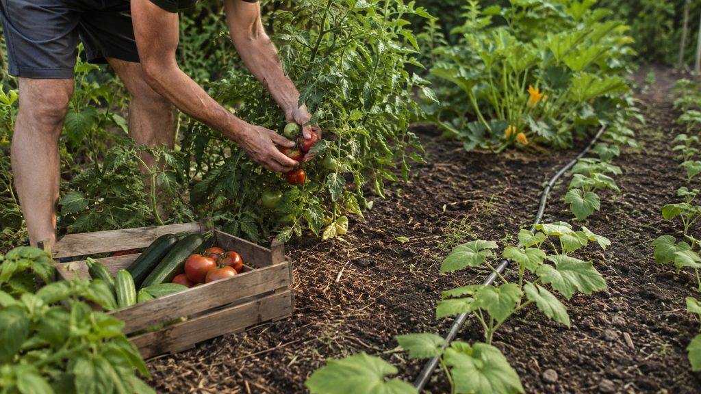 Potager début juillet : Récolte de tomates et courgettes dans un potager au début de juillet