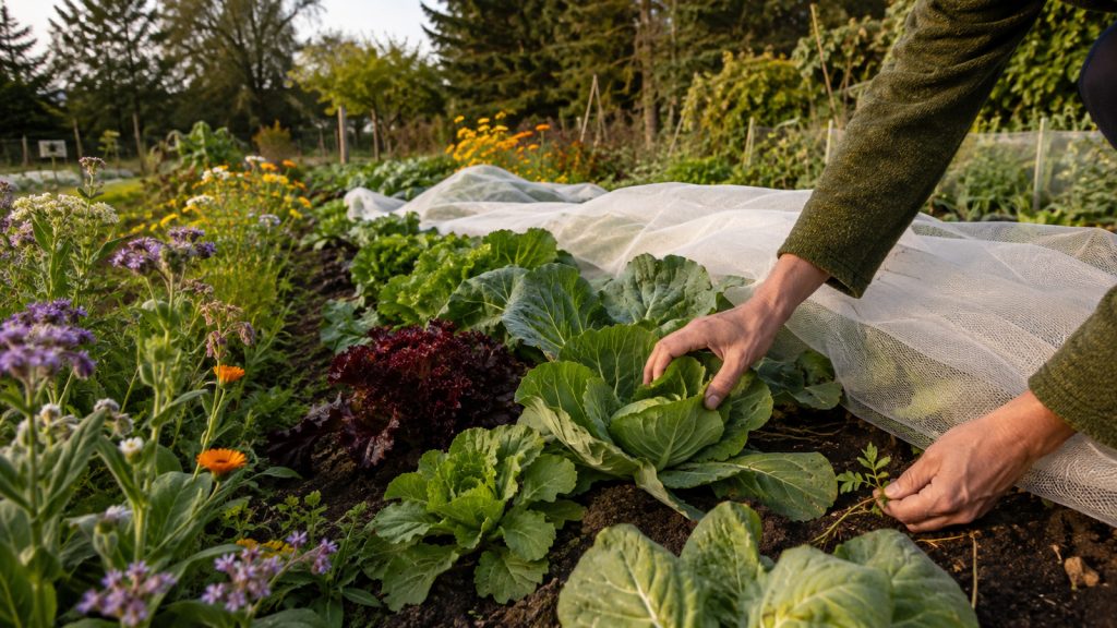 Protection intégrée du potager : Jeunes choux et laitues protégés par un filet dans un potager diversifié