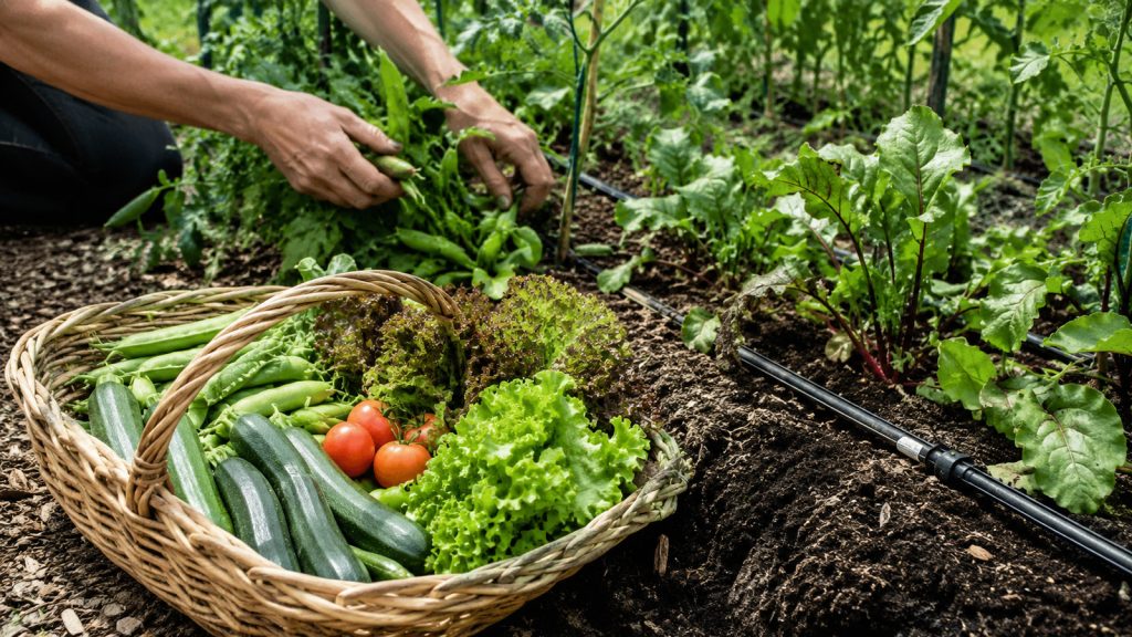 Récoltes du potager en juin : Panier de courgettes pois fèves laitues et tomates récoltés en juin
