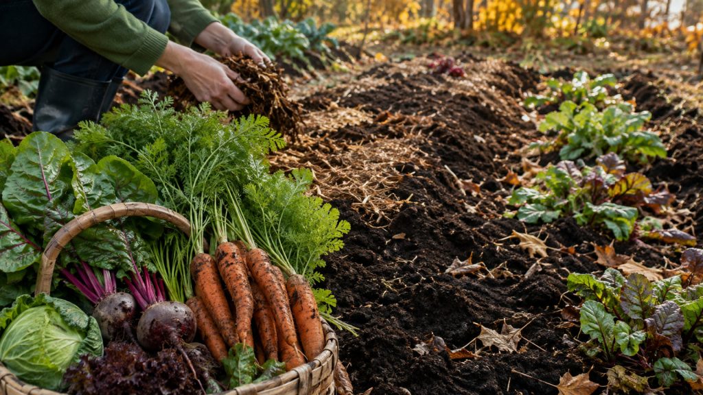 Récoltes du potager en octobre : Panier de carottes betteraves laitues blettes et chou récoltés en octobre