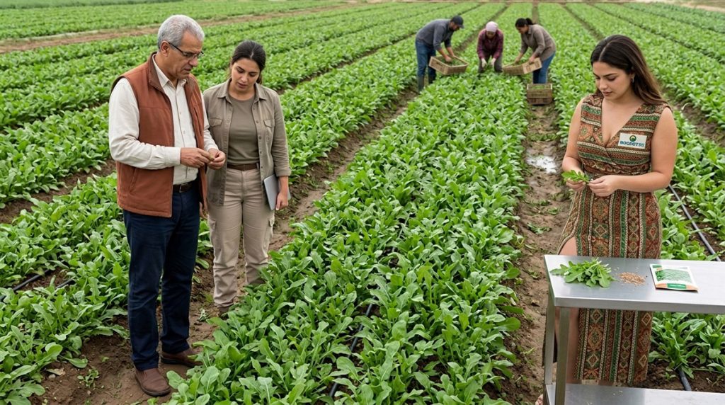 Culture de roquette en jeunes feuilles avec récolte, semences, irrigation et contrôle de qualité