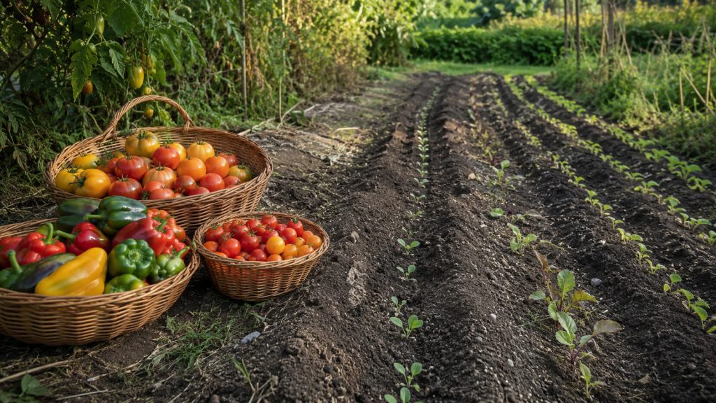 Semis de fin d’été au potager : Rangs de semis de fin d’été près de récoltes de tomates et poivrons