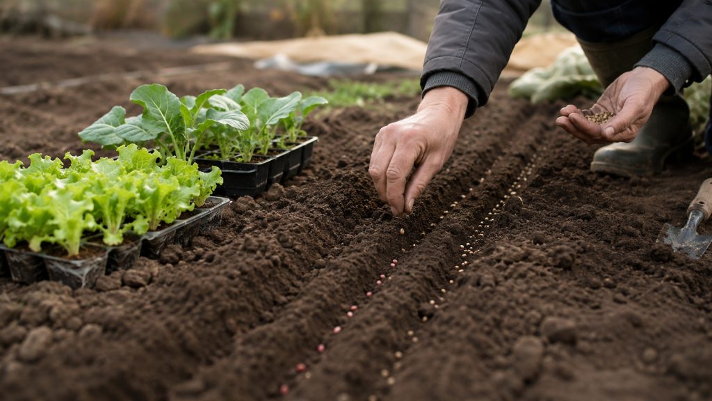 Semis de septembre au potager de carottes et radis près de laitues et choux à repiquer en septembre