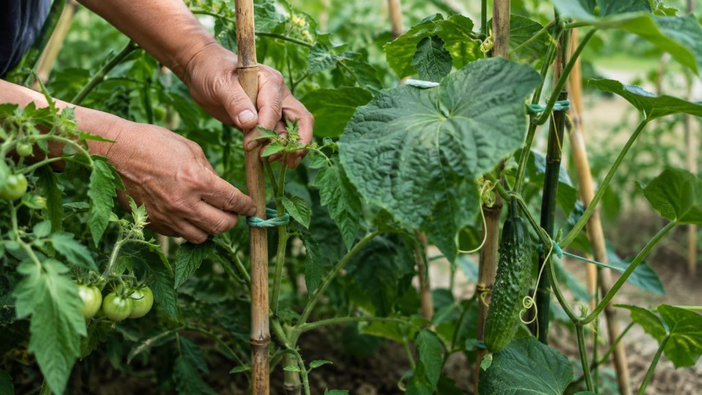 Tuteurer les tomates au potager : Mains attachant des tomates et concombres à des tuteurs au potager